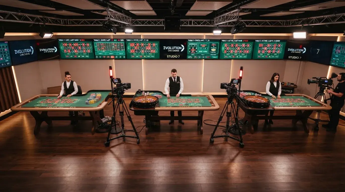 Varias mesas de ruleta en vivo con crupieres reales en un estudio de Evolution Gaming, con monitores mostrando las apuestas en tiempo real.
