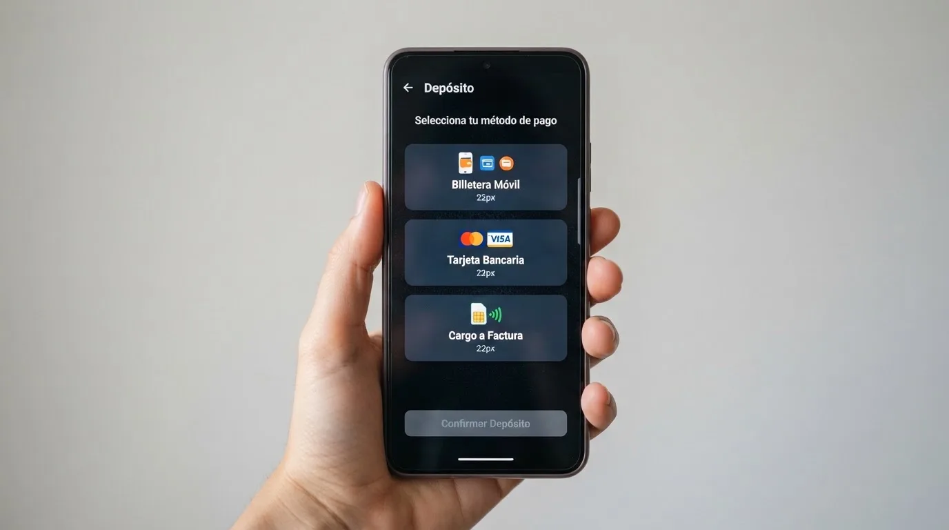 Móvil con la pantalla de depósito de un casino online mostrando Bizum, tarjeta y PayPal como opciones de pago