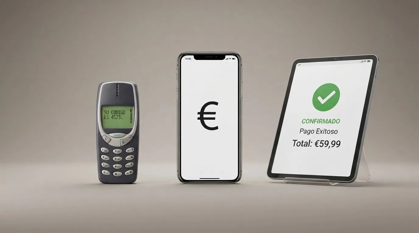 Comparativa visual de tres métodos de pago: un SMS en una pantalla de móvil antiguo, la interfaz de Bizum y la pantalla de Apple Pay