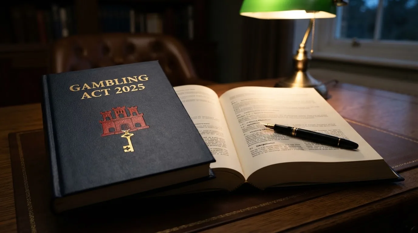 Documento oficial con el escudo de Gibraltar y las siglas de la Gambling Act sobre un fondo institucional