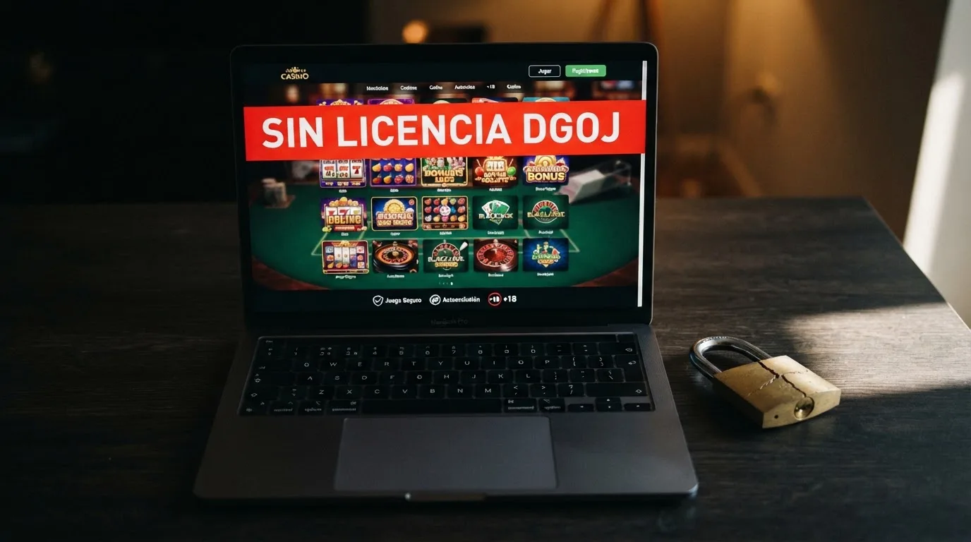 Pantalla de un casino online con un mensaje de advertencia sobre la ausencia de licencia DGOJ y un candado roto