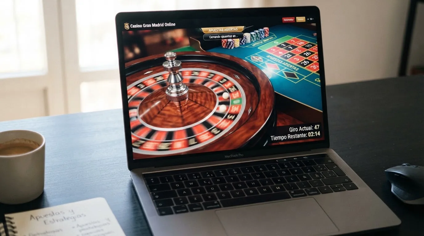 Primer plano de una ruleta de casino online con un contador de giros y un cronómetro en pantalla