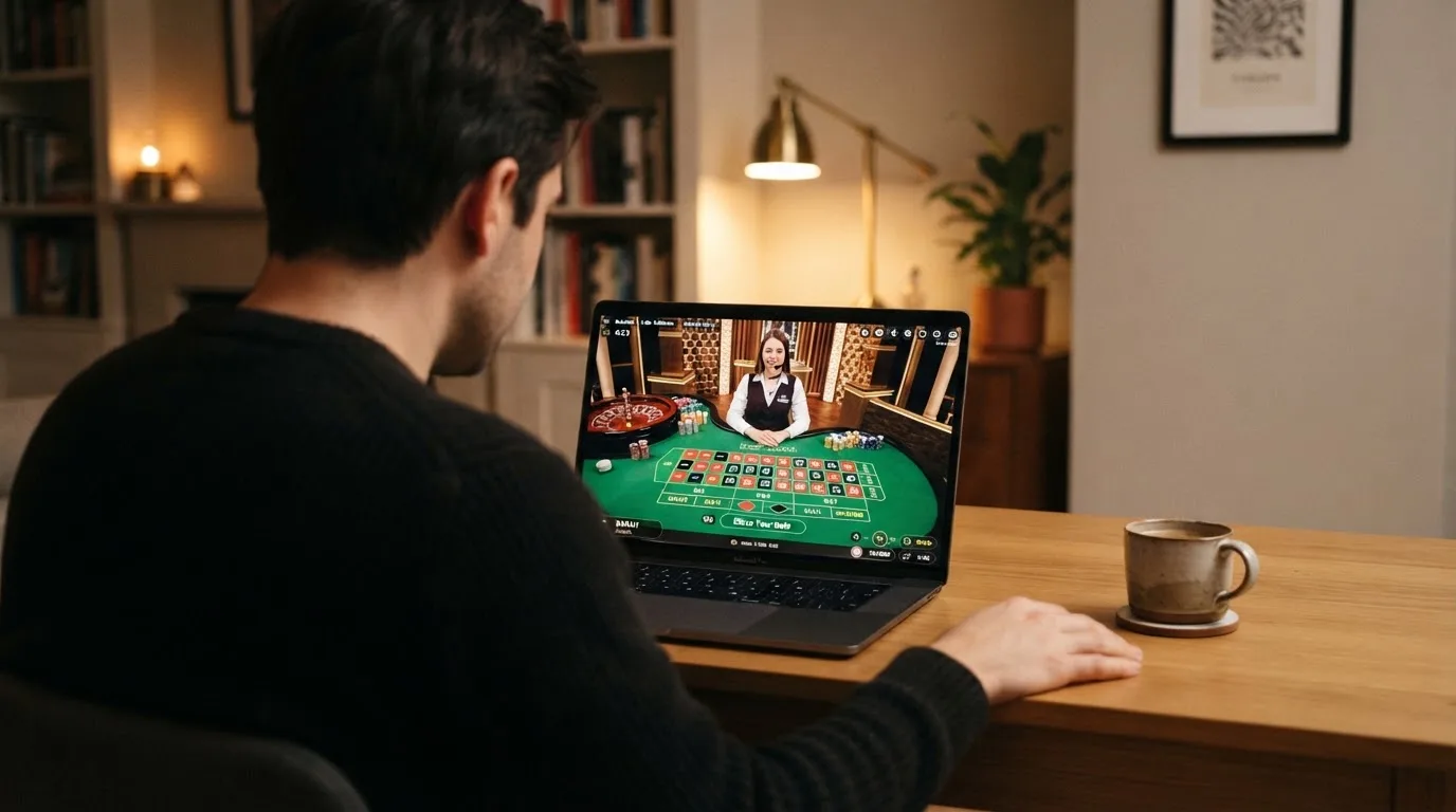 Una mesa de ruleta en vivo con el sello de la DGOJ visible en pantalla y un jugador interactuando desde su dispositivo.