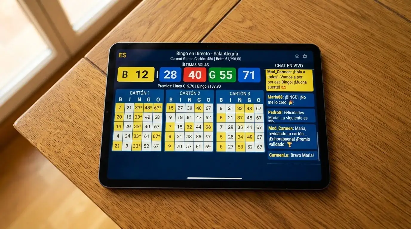 Ventana de una sala de bingo online con el chat del moderador a la derecha, los cartones en el centro y el marcador de bolas cantadas