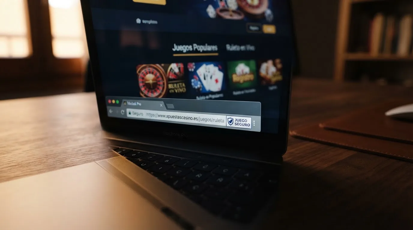 Primer plano de la esquina inferior de una pantalla de ordenador donde se ve el sello de Juego Seguro de la DGOJ junto a la URL terminada en .es de un casino online español
