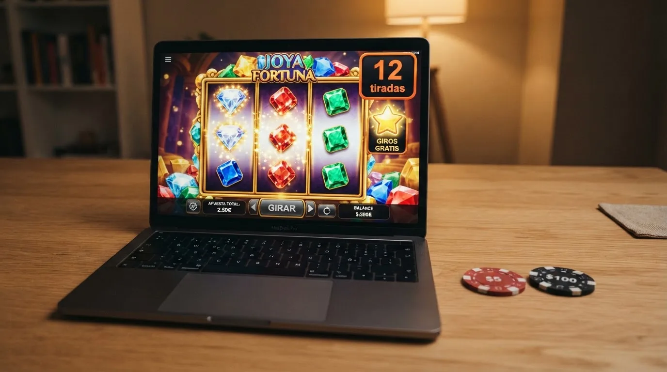 Varias tragamonedas online en la pantalla de un portátil con fichas de juego visibles y el contador de tiradas gratis activo