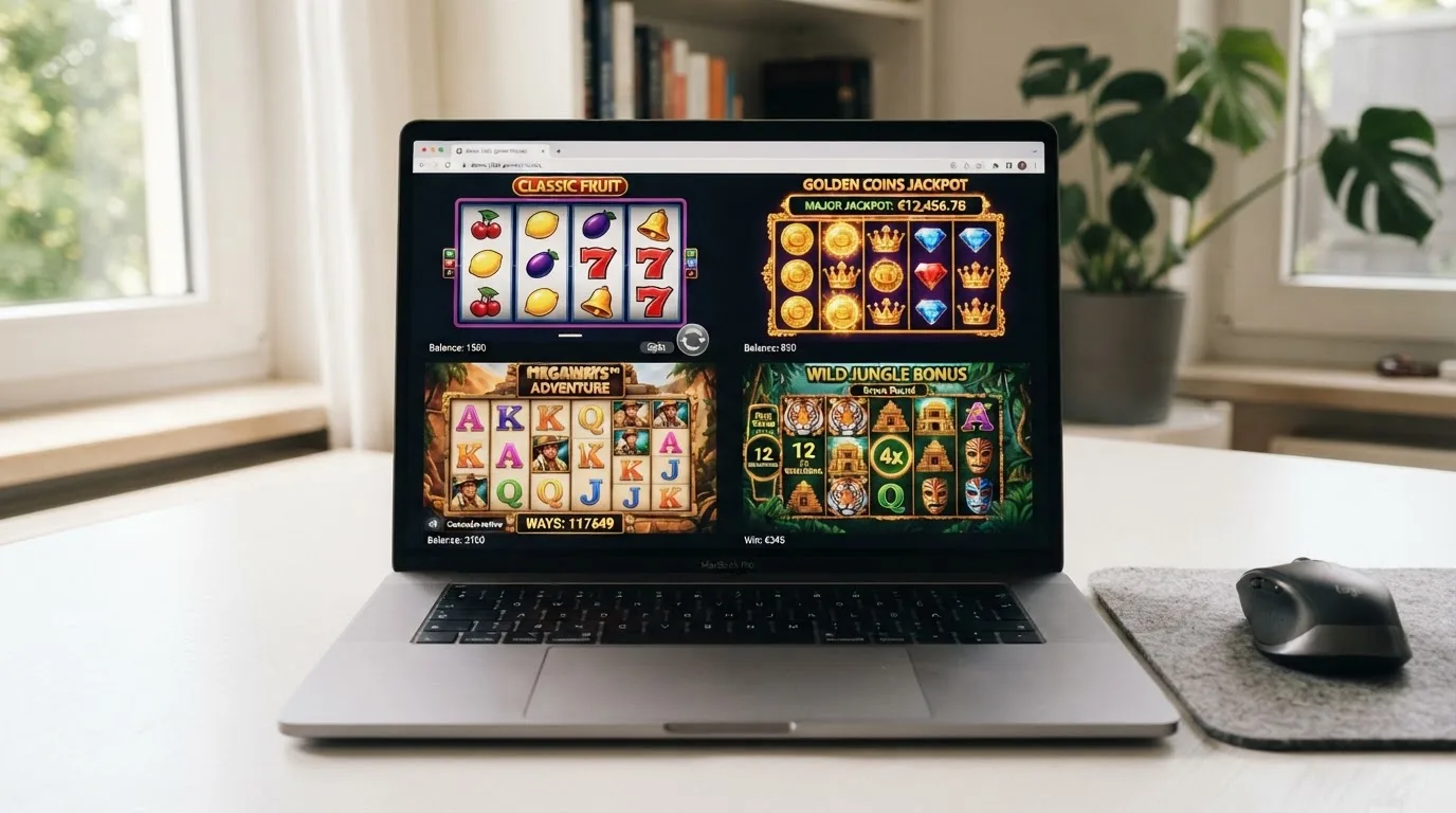 Cuatro pantallas de tragaperras distintas (una clásica de frutas, una progresiva con bote visible, una Megaways con contador de carretes y una moderna con ronda de bonus activa) mostradas en mosaico sobre el navegador de un portátil