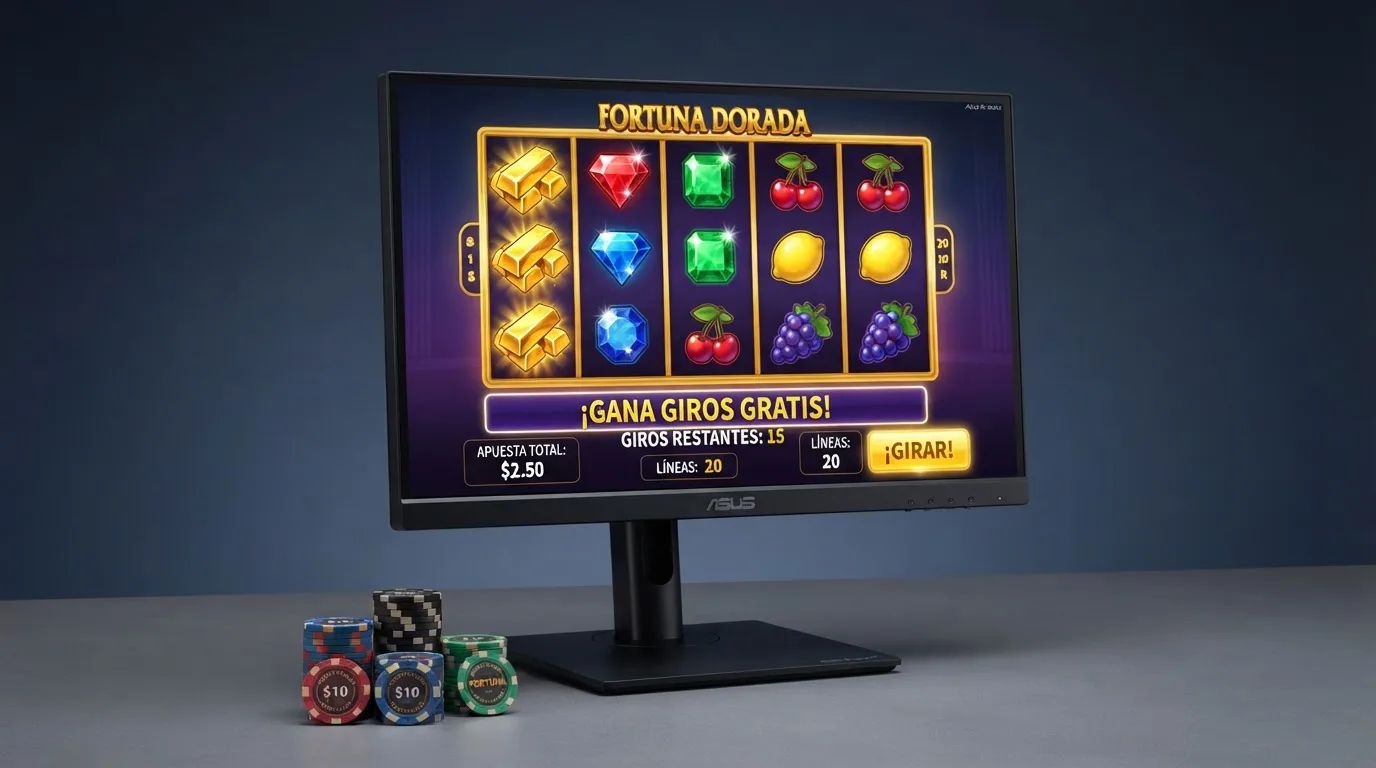 Pantalla de una tragaperras online con el contador de giros gratis activo y los rodillos girando