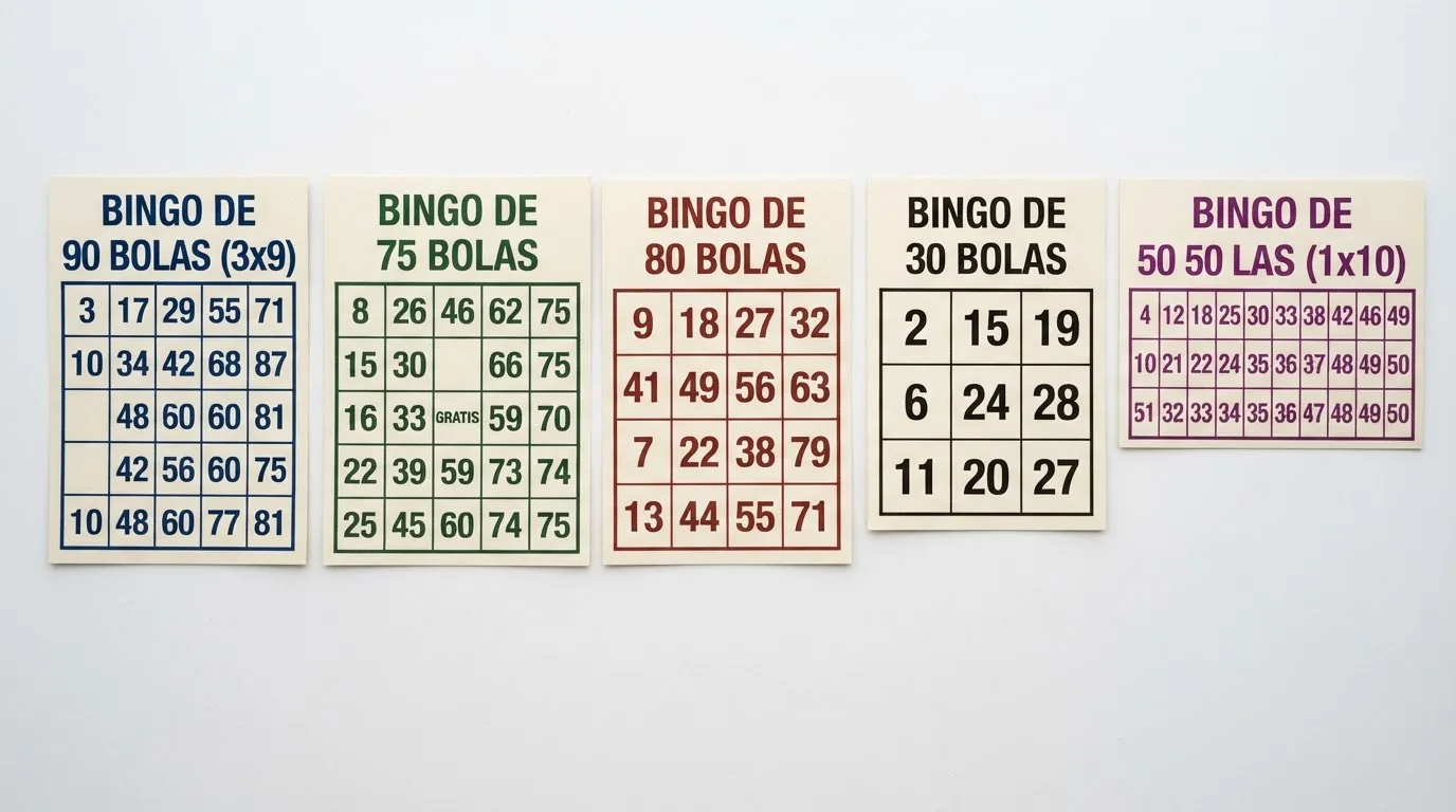 Comparativa de cinco cartones de bingo con distinto número de bolas — 90, 75, 80, 50 y 30 — mostrando el formato de cada uno