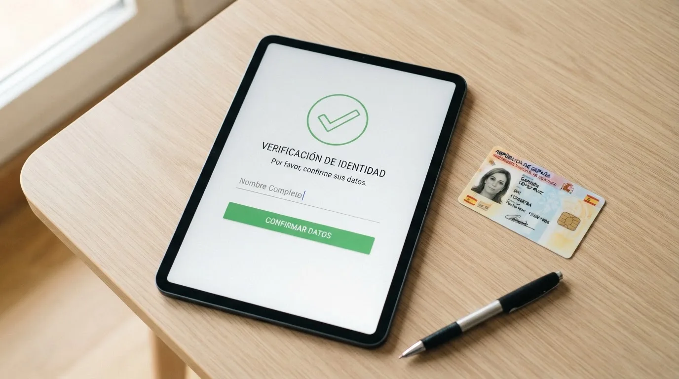 Pantalla de verificación de identidad en un casino online español junto a un documento de identidad oficial